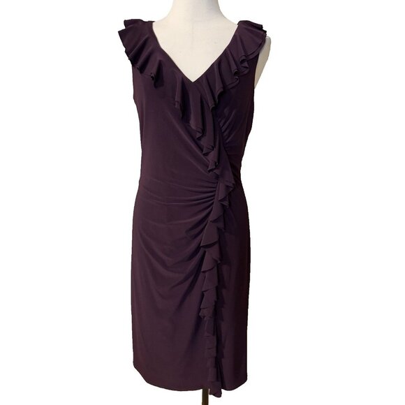 Ralph Lauren Dress 12 Dark Purple Stretch Sleeveless Ruffle V Neck Washable NEW - Picture 1 of 10